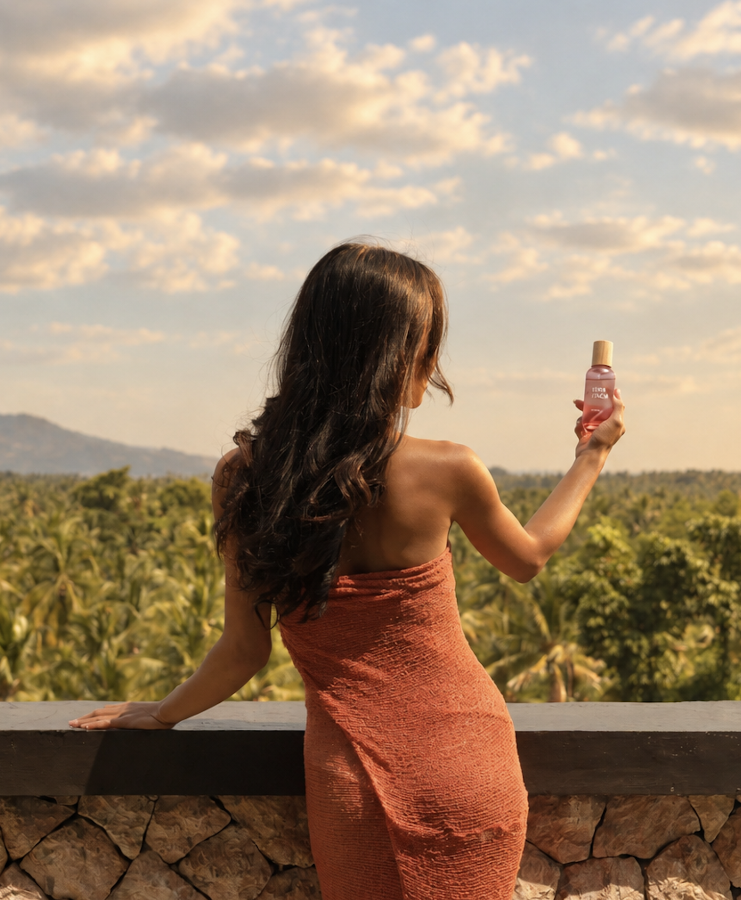Vrouw met een Maison Manis body mist kijkt uit over de jungle
